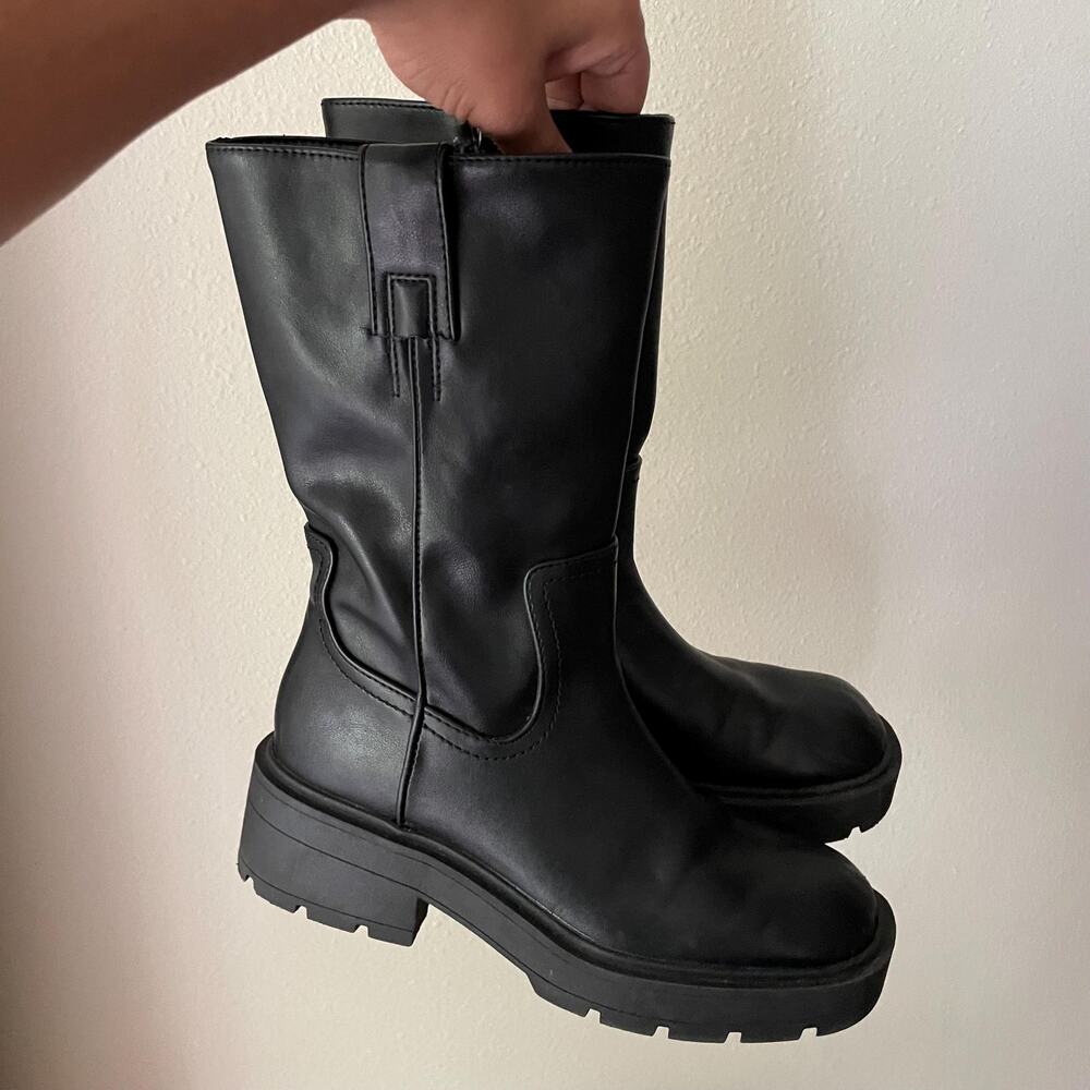 Black Chunky Moto Boots Platform Lug Sole Mid Calf | Size US 7